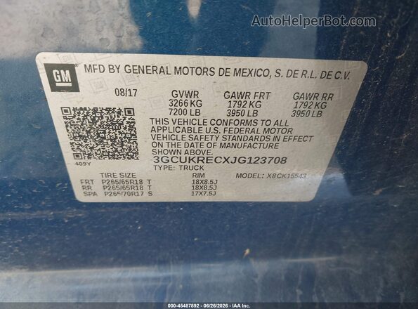3GCUKRECXJG123708 2018 CHEVROLET SILVERADO Синий Вид подкапотного пространства