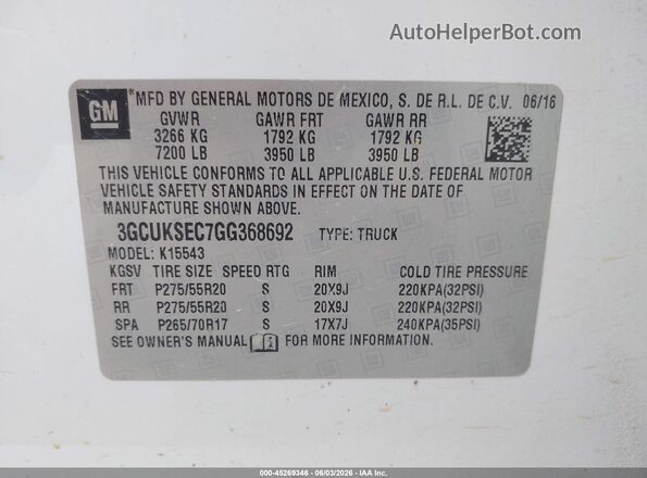 3GCUKSEC7GG368692 2016 CHEVROLET SILVERADO White ძრავის განყოფილების ხედი