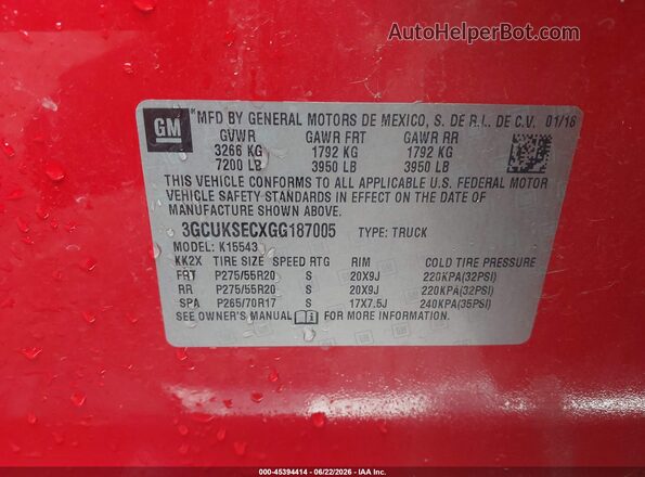 3GCUKSECXGG187005 2016 CHEVROLET SILVERADO Red Շարժիչի բաժամունքի տեսք