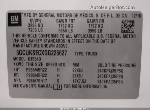 3GCUKSECXGG226627 2016 CHEVROLET SILVERADO White Вид підкапотного простору
