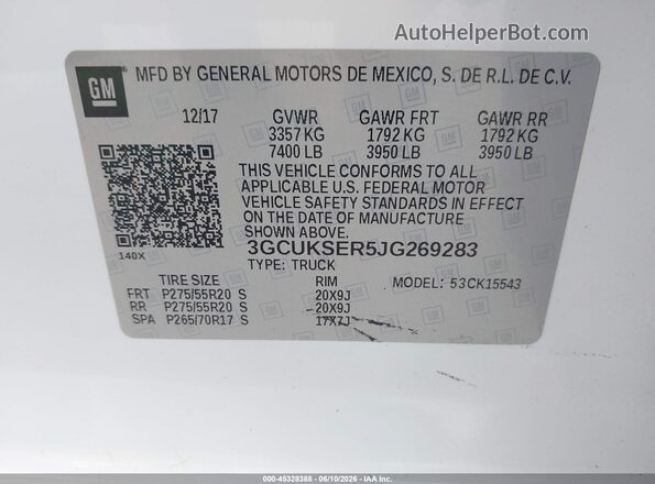 3GCUKSER5JG269283 2018 CHEVROLET SILVERADO White Engine compartment view
