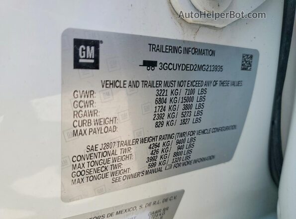3GCUYDED2MG213935 2021 CHEVROLET SILVERADO White VIN კოდის სტიკერის ხედი
