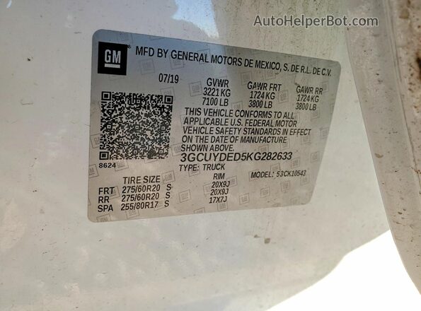 3GCUYDED5KG282633 2019 CHEVROLET SILVERADO Белый 