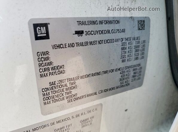 3GCUYDED9LG175148 2020 CHEVROLET SILVERADO Белый Вид наклейки с VIN-кодом