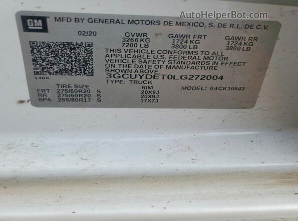 3GCUYDET0LG272004 2020 CHEVROLET SILVERADO White Engine compartment view