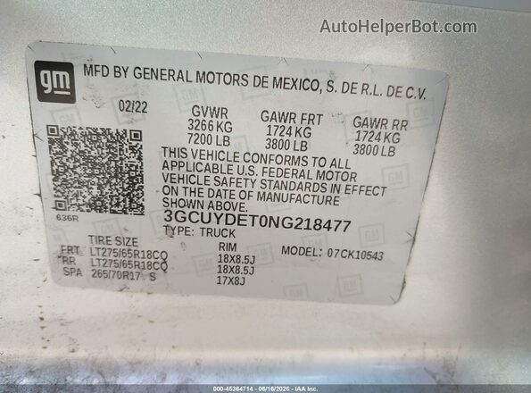 3GCUYDET0NG218477 2022 CHEVROLET SILVERADO Серебряный Вид подкапотного пространства