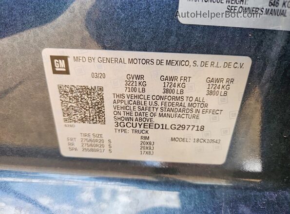 3GCUYEED1LG297718 2020 CHEVROLET SILVERADO Серый 