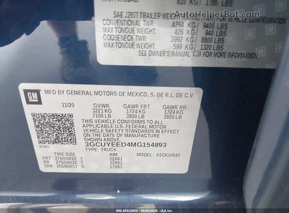 3GCUYEED4MG154893 2021 CHEVROLET SILVERADO Dark Blue Вид подкапотного пространства
