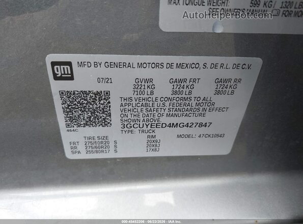 3GCUYEED4MG427847 2021 CHEVROLET SILVERADO Gray Շարժիչի բաժամունքի տեսք