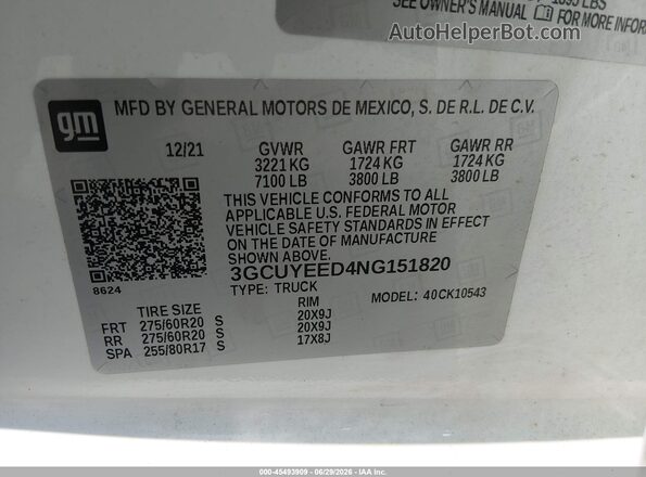 3GCUYEED4NG151820 2022 CHEVROLET SILVERADO Белый Вид подкапотного пространства