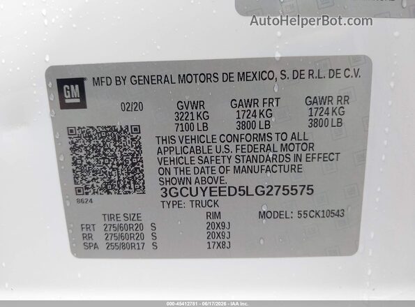 3GCUYEED5LG275575 2020 CHEVROLET SILVERADO White Vista del compartimento del motor