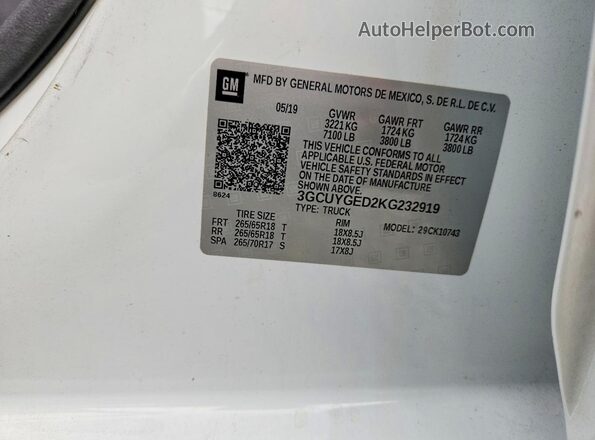 3GCUYGED2KG232919 2019 CHEVROLET SILVERADO White 