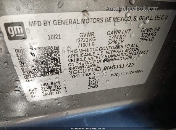 3GCUYGEL9NG111722 2022 CHEVROLET SILVERADO Gray Շարժիչի բաժամունքի տեսք