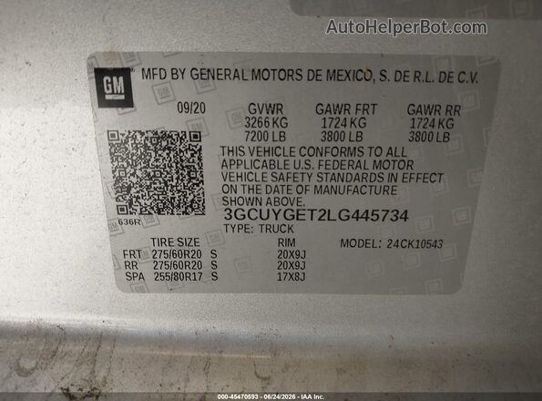 3GCUYGET2LG445734 2020 CHEVROLET SILVERADO Silver Вид підкапотного простору