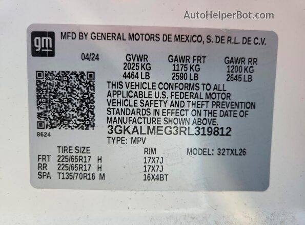3GKALMEG3RL319812 2024 GMC TERRAIN White VIN კოდის სტიკერის ხედი