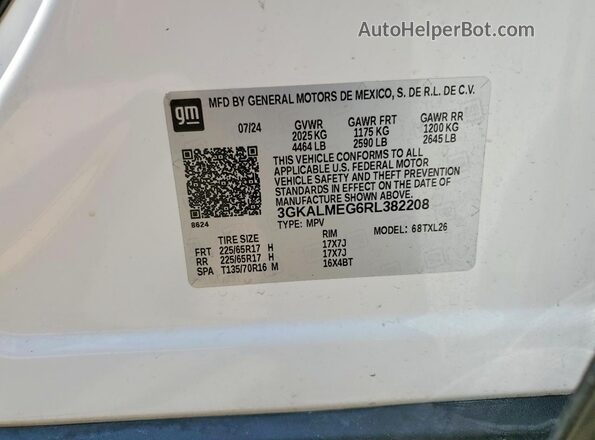 3GKALMEG6RL382208 2024 GMC TERRAIN White VIN կոդի պիտակի տեսք