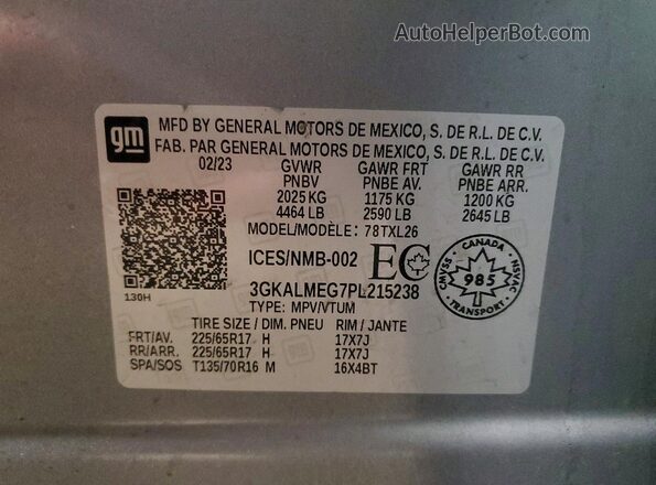 3GKALMEG7PL215238 2023 GMC TERRAIN Gray Widok naklejki z numerem VIN