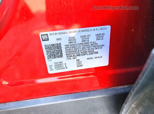 3GKALMEG9PL120759 2023 GMC TERRAIN Red Vista de la etiqueta del VIN