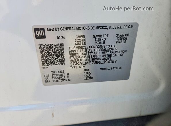 3GKALMEG9RL394157 2024 GMC TERRAIN White Vista de la etiqueta del VIN