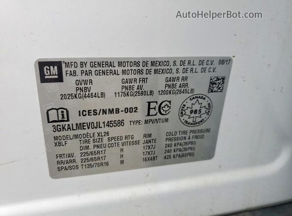 3GKALMEV0JL145586 2018 GMC TERRAIN White VIN կոդի պիտակի տեսք