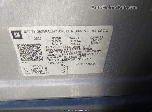 3GKALMEV0KL318749 2019 GMC TERRAIN Gray Вид підкапотного простору
