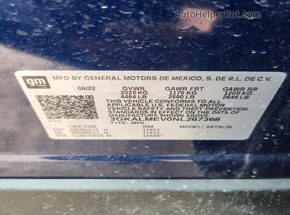 3GKALMEV0NL267368 2022 GMC TERRAIN Blue Widok naklejki z numerem VIN