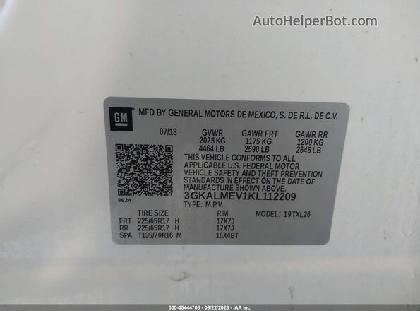 3GKALMEV1KL112209 2019 GMC TERRAIN White Vista del compartimento del motor