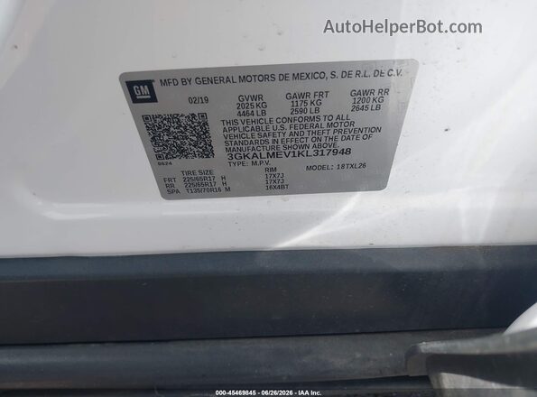 3GKALMEV1KL317948 2019 GMC TERRAIN White Vista del compartimento del motor