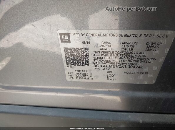 3GKALMEV1KL394741 2019 GMC TERRAIN Gray Вид підкапотного простору