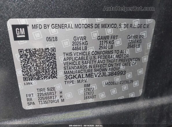 3GKALMEV2JL384993 2018 GMC TERRAIN Gray ძრავის განყოფილების ხედი