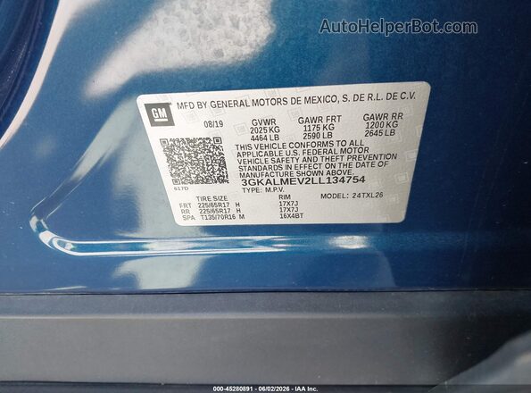 3GKALMEV2LL134754 2020 GMC TERRAIN Blue ძრავის განყოფილების ხედი
