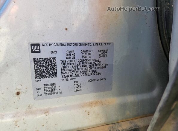 3GKALMEV2ML397926 2021 GMC TERRAIN Silver Вид наклейки з VIN-кодом