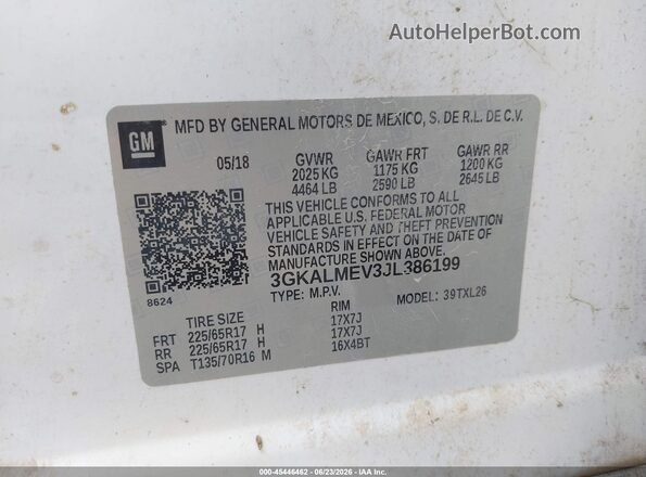 3GKALMEV3JL386199 2018 GMC TERRAIN White Vista del compartimento del motor