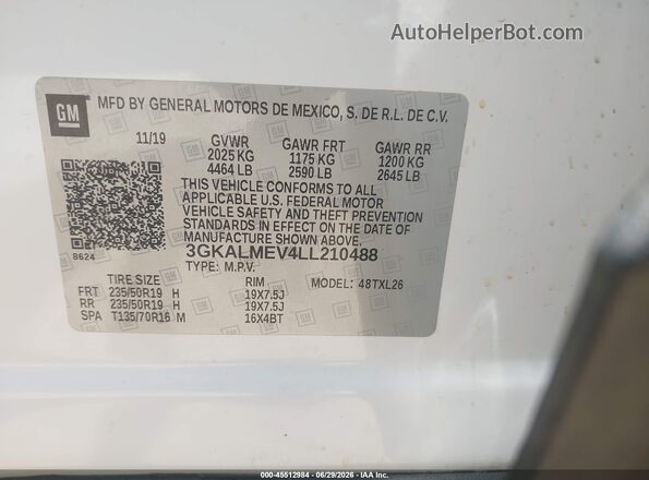 3GKALMEV4LL210488 2020 GMC TERRAIN White Շարժիչի բաժամունքի տեսք