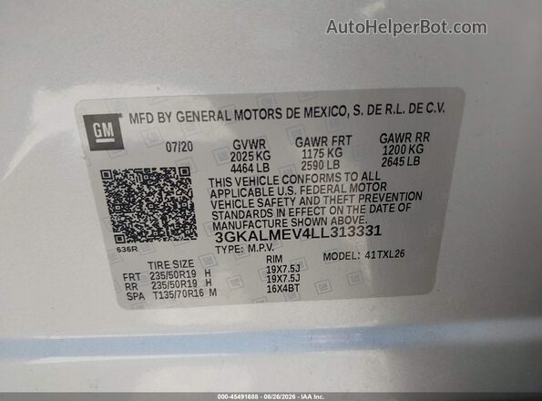 3GKALMEV4LL313331 2020 GMC TERRAIN Silver ძრავის განყოფილების ხედი