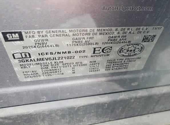 3GKALMEV6JL221022 2018 GMC TERRAIN Gray 
