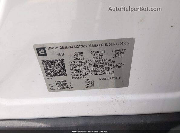 3GKALMEV6LL148317 2020 GMC TERRAIN White Շարժիչի բաժամունքի տեսք