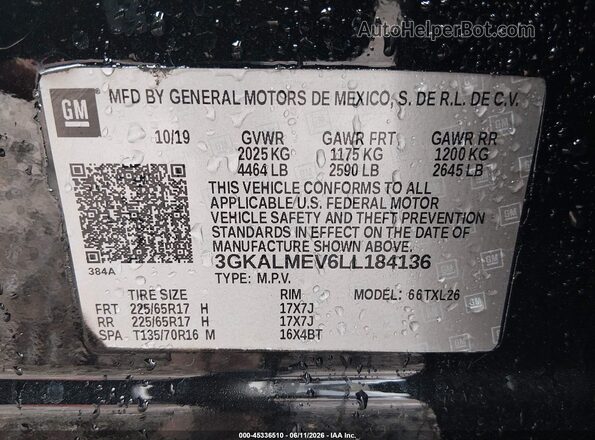 3GKALMEV6LL184136 2020 GMC TERRAIN Black Engine compartment view