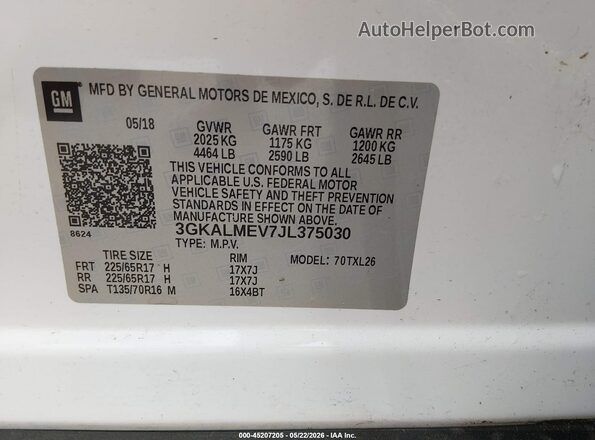 3GKALMEV7JL375030 2018 GMC TERRAIN White Vista del compartimento del motor