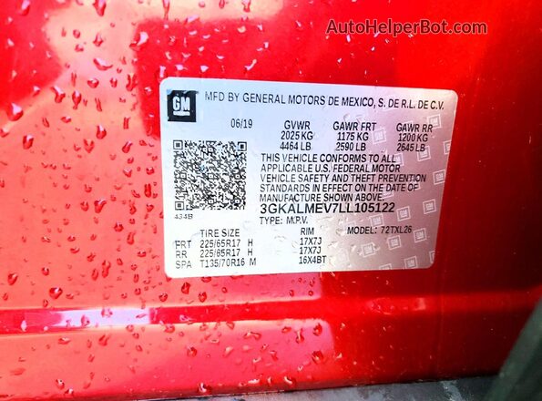 3GKALMEV7LL105122 2020 GMC TERRAIN Red Widok naklejki z numerem VIN