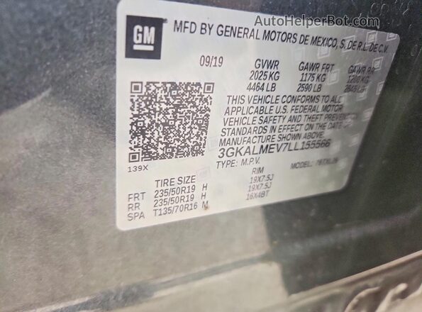 3GKALMEV7LL155566 2020 GMC TERRAIN Gray 