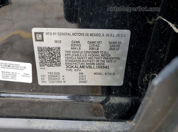 3GKALMEV8LL165541 2020 GMC TERRAIN Black Widok naklejki z numerem VIN