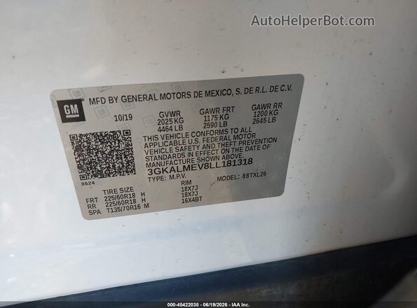 3GKALMEV8LL181318 2020 GMC TERRAIN White Շարժիչի բաժամունքի տեսք