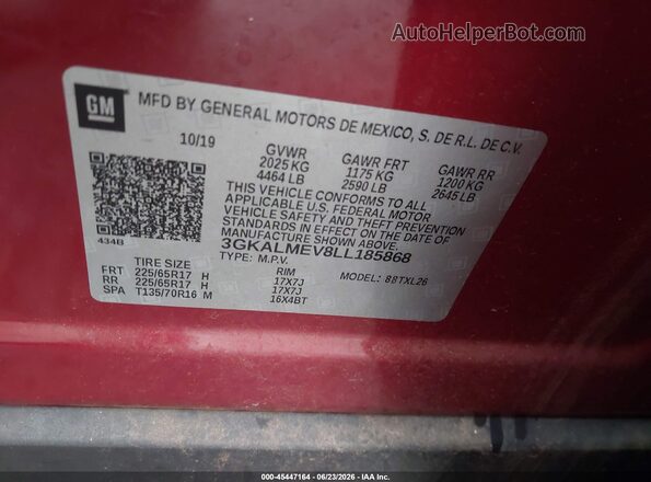 3GKALMEV8LL185868 2020 GMC TERRAIN Red Vista del compartimento del motor