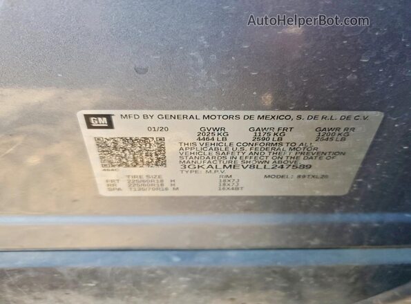 3GKALMEV8LL247589 2020 GMC TERRAIN Gray Вид наклейки з VIN-кодом