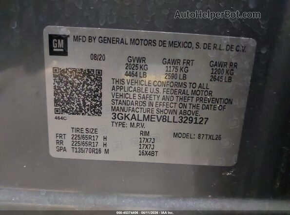 3GKALMEV8LL329127 2020 GMC TERRAIN Gray Vista del compartimento del motor