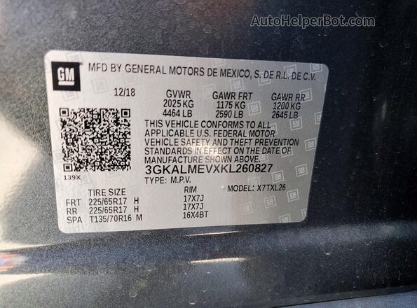 3GKALMEVXKL260827 2019 GMC TERRAIN Gray Vista de la etiqueta del VIN