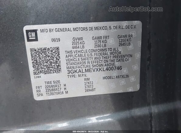 3GKALMEVXKL400746 2019 GMC TERRAIN Серый Вид подкапотного пространства