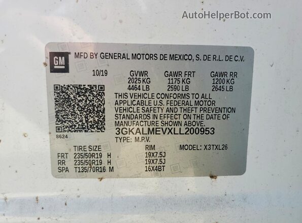 3GKALMEVXLL200953 2020 GMC TERRAIN White Widok naklejki z numerem VIN