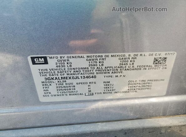3GKALMEX0JL134640 2018 GMC TERRAIN Gray VIN კოდის სტიკერის ხედი